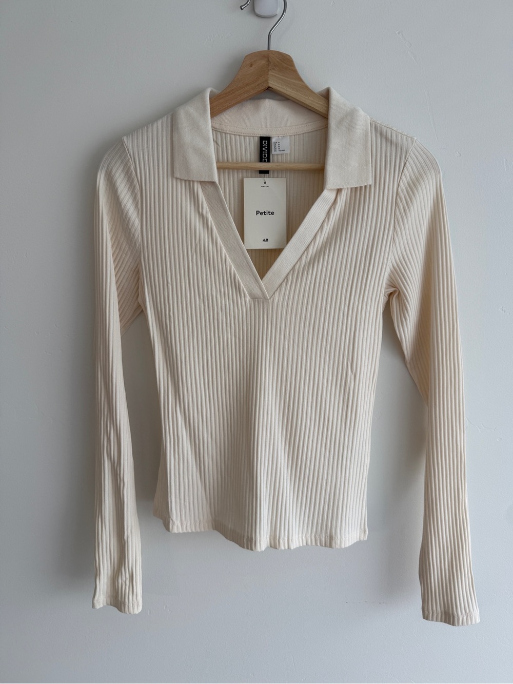 H&M Ribbed V-Neck Collared Long Sleeve Top - Cream